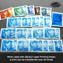 Collection of printed images on GELELF laser printing paper with text about its durability.
