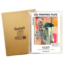 Geelf gel printing plate with a printed design and brown cardboard packaging.