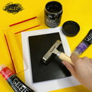 Art supplies including a black paint can, brushes, and a hand holding a tool on a yellow background with 'GELEIF' branding.