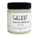 A jar of Gelelf Acrylic Mediums Matte Gel, 300mL, featuring a black ribbed screw cap and a white label with black text, set against a plain white background.