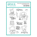 A sheet of Gina K. Designs 'Cozy Chapters' photopolymer stamps, featuring black line-art illustrations of a bunny and a bear reading, with cozy-themed phrases like 'Your Story Matters' and 'Soothing Little Comfort'.