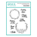 A product card for Gina K. Designs clear photopolymer stamps featuring floral wreath and message phrases including 'Sending Love', 'Happy Birthday', 'With Sympathy', 'Thinking of You', 'Thank You', and 'Hello'.