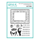 Gina K. Designs 'Leafy Frame' photopolymer stamp set, featuring a clear stamp design with a leafy border frame, flowers, a bird, a butterfly, a pinecone, and celebratory text on a white background with teal branding.