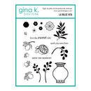 Gina K Designs clear stamp set with various floral and decorative elements on a white background.