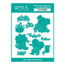 Gina K. Designs Little Makers 100% steel cutting dies package, featuring teal-colored die cutout illustrations of a mouse, pumpkin, cat, and phrases on a white card with teal header and footer.