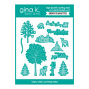 Gina K. Designs 'Snowy Silhouettes' 100% steel cutting dies, featuring various teal-colored holiday and winter-themed silhouettes on a white backing card with teal header and footer bands.