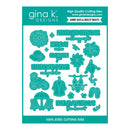 Gina K. Designs 'Sunny Days & Breezy Nights' 100% steel cutting dies set, featuring a sheet of teal-colored die cut shapes and phrases on a white card with a teal header and footer.