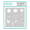 A product packaging graphic for Gina K. Designs Art Stencils, featuring six cherry blossom stencil shapes on a gray sheet with a white border and teal accents.