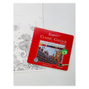Set of colored pencils in a red tin with 'Georgione' branding on a white background and a under the water colour book