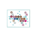 A square greeting card featuring a colorful geometric 'HAPPY BIRTHDAY' design with hexagonal letter tiles and scattered patterned dots on a white background.