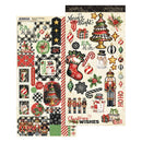 Two sheets of holiday-themed scrapbooking paper with Christmas illustrations including stockings, nutcrackers, ornaments, candy canes, snowman, stars, plaid patterns, and festive text on a white background.