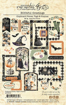A sheet of chipboard pieces, tags, and frames for 'Bootiful Greetings' by Graphic Paper, featuring Halloween-themed designs like pumpkins, witches, bats, ghosts, and fall foliage in a black-and-white plaid, orange, and green color palette.