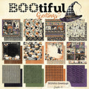 A collage of multiple Halloween-themed graphic paper designs with text reading 'BOOtiful Greetings' and 'Graphic 45.' The designs feature black-and-white gingham, floral patterns, pumpkins, ghosts, stripes, and purple witch hats on a cream background.