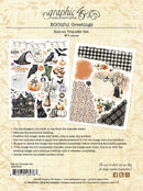 BooTiful Greetings 'Graphic 45' Rub-on Transfer Set No. 2 sheet packaging, showing sample transfer designs including black birds, pumpkins, plaid, and floral motifs on a cream patterned background.