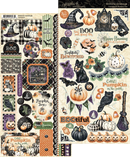 A double-sided scrapbooking paper sheet featuring Halloween-themed designs. The left side shows a multicolor collection of stickers including pumpkins, witch hats, bats, a haunted house, and autumn patterns.