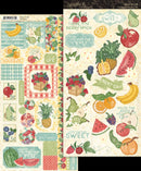 Two sheets of decorative paper with fruit-themed designs and text.
