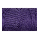 A close-up of a purple skein of yarn, showing the twisted plies and soft texture of the fiber, centered on a white background.