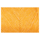 A close-up texture shot of bright yellow-orange yarn wound in a V-shape pattern, centered on a white background.