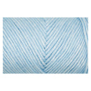 A close-up of light blue yarn wound into skeins, showing the fine texture and color of the thread against a white background.