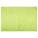A close-up of bright lime green yarn wound in a neat spiral, showing the texture and color of the thread against a white background.