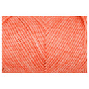 A close-up of a textured skein of yarn in a warm coral-orange color, centered on a white background.