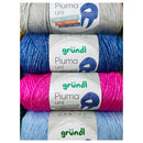 Four stacked skeins of Gründl Pima uni yarn in different colors: light gray, medium blue, bright pink, and light blue, each with its paper label visible.