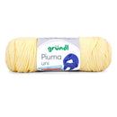 A skein of yellow yarn with a paper label that reads 'gründl Pima uni' on a white background.