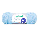 A skein of light blue yarn with a white paper label that reads 'gründl Piuma uni' on a clean white background.