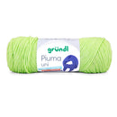 A skein of Grundl Piuma Uni yarn in a bright lime green color, featuring a white paper label with green and blue text and graphics, set against a plain white background.