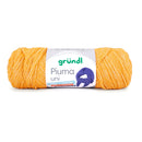 A skein of yellow-orange yarn with a white paper label that reads 'gründl Pima uni' and shows a purple knitted boot graphic, photographed on a clean white background.