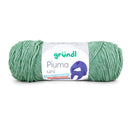 A skein of green yarn with a white paper label that reads 'gründl Pima uni' on a clean white background.