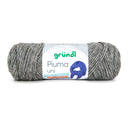 A single skein of Gründl Piuma Uni yarn in a heathered gray color, featuring its white paper label with green and blue branding, set against a plain white background.