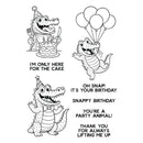 Cartoon alligator with birthday cake and balloons, featuring humorous text.