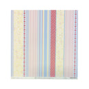 A square sheet of patterned scrapbook paper featuring vertical stripes in pastel pink, light blue, yellow, and coral red with polka dots and stripes, shown against a plain white background.