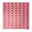 A square sheet of scrapbook paper featuring a pink background with a repeating pattern of polka dots in white, light pink, and dark gray, with a white border at the bottom containing branding.