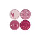 Four round decorative coasters or labels arranged on a plain white background. The designs feature pink, magenta, and white hearts, swirls, and romantic text including 'the love of my life' and 'you are the love of my life'.