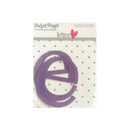A purple self-adhesive plastic letter 'e' from the 'Pocket Scrap' collection by Heidi Grace Designs, shown inside its original retail packaging with a white polka-dot background.