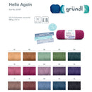 Yarn color card for “Hello Again” by gründl, showing the product name, a small product photo of a magenta skein, a blue and teal skein, and a grid of 16 color swatches for this polyester recycled yarn.