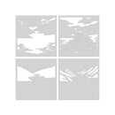 Decorative panel with mountain and lake design in four sections on a white background