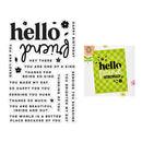 Set of clear stamps with various phrases and a green card with 'hello friend' on a white background