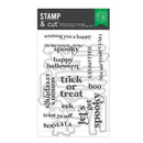 A package of 'Season's Creepers' 12-claw cutting stars by Lee Artisan Supplies, featuring various Halloween-themed phrases like 'happy halloween', 'trick or treat', and 'boo' in a clear stamp-and-cut sheet.