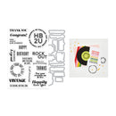 A sheet of clear acrylic stamping templates with black text designs and a matching die-cut metal frame, shown next to a sample stamped card featuring retro vinyl record graphics.