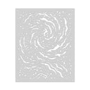 A square white stencil sheet featuring a swirling spiral cutout pattern with small perforations throughout, shown against a plain white background.