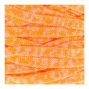 A close-up of bright orange and white patterned yarn wound horizontally, filling most of the frame.