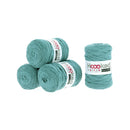 Three skeins of teal crochet yarn stacked on the left and one skein on the right, both with white labels reading 'Hooked yarn'.