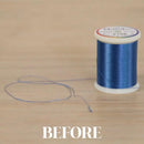 Spool of blue thread with a string of thread on a beige background, labeled 'Before'.