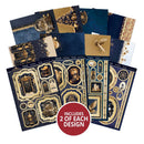 A set of decorative paper sheets and sticker-style designs in an ornate vintage theme, featuring deep navy blue, gold, beige, and white patterns with framed illustrations, stars, and decorative borders. A red circular badge at the bottom reads 'INCLUDES 2 OF EACH DESIGN'.