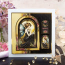 Decorative card with fairy design and floral elements on a wooden surface.