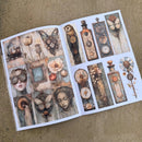 An open art journal or book spread laid flat on a textured tan surface, featuring whimsical steampunk-style illustrations including clocks, bottles, butterflies, flowers, and faces in muted beige, brown, and blue-gray tones.
