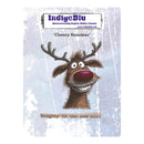 A product card for an IndigeBlu rubber stamp featuring a cartoon Christmas reindeer with antlers, a red nose, and the text 'Cheery Reindeer' and 'Naughty is the new nice' on a distressed light blue background.